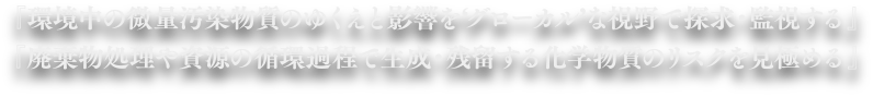 『環境中の微量汚染物質のゆくえと影響を‘グローカル’な視野で探求・監視する』
『廃棄物処理や資源の循環過程で生成・残留する化学物質のリスクを見極める』
